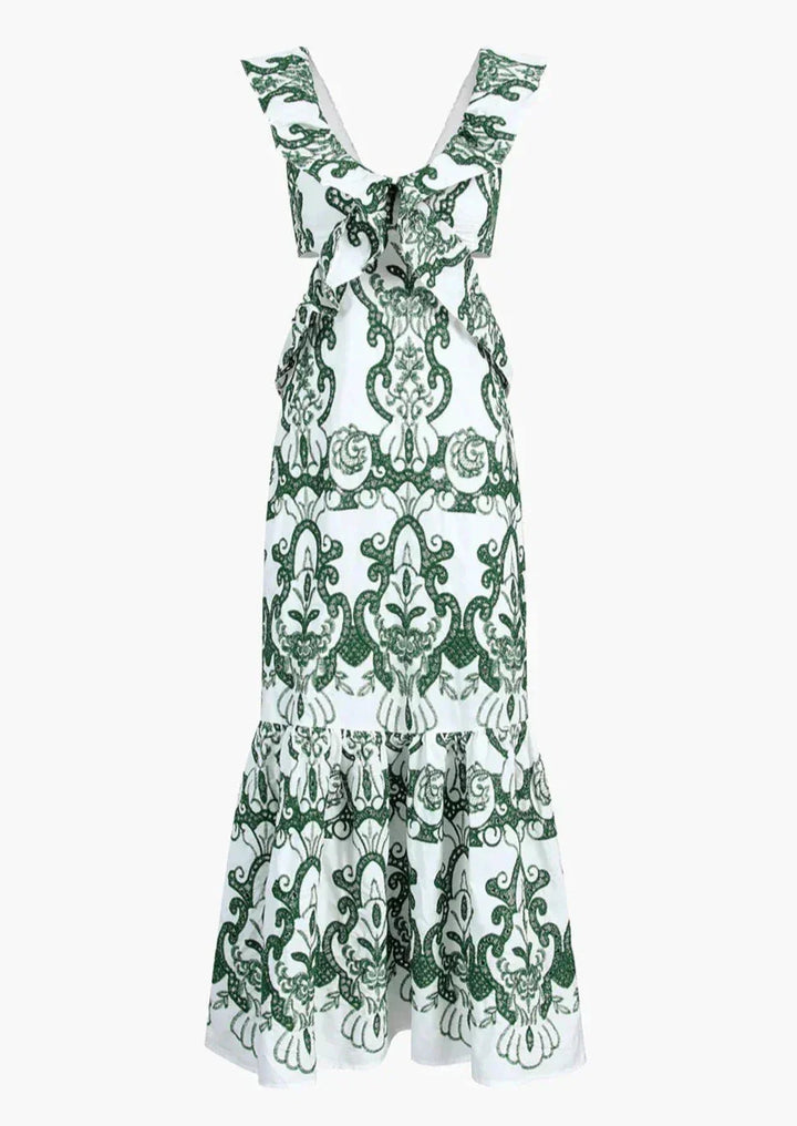 Women's Wedding Guest Maxi Dress with Floral Print and Open Back