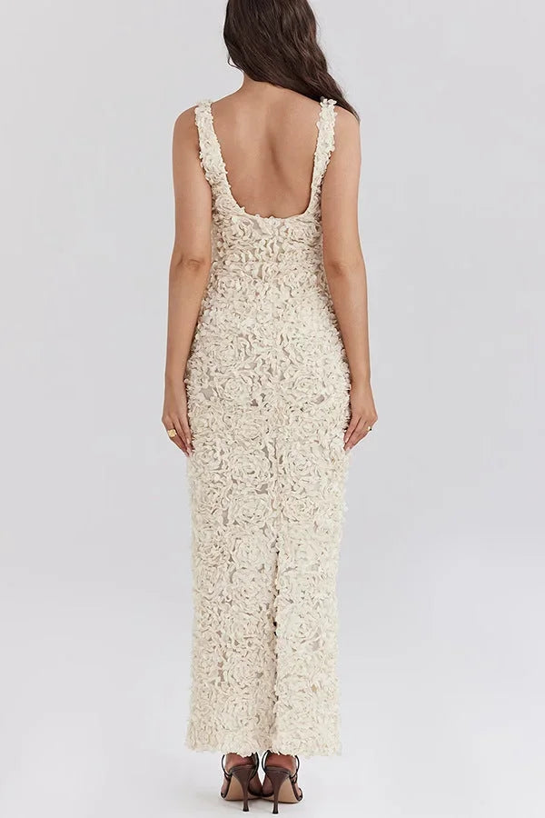 Women's Evening Maxi Dress with Plunge Neckline and Sequin Detail