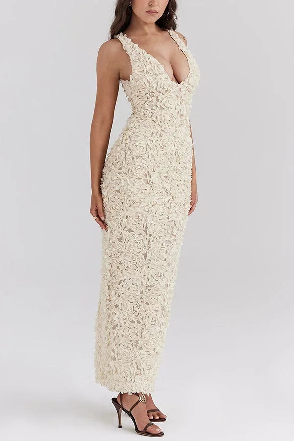 Women's Evening Maxi Dress with Plunge Neckline and Sequin Detail