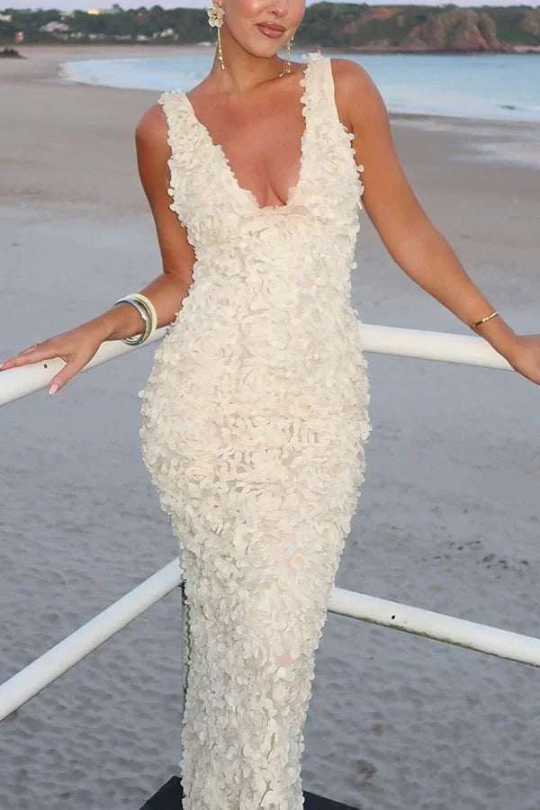 Women's Evening Maxi Dress with Plunge Neckline and Sequin Detail