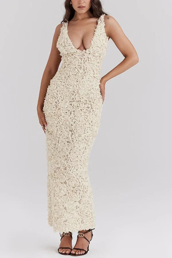Women's Evening Maxi Dress with Plunge Neckline and Sequin Detail