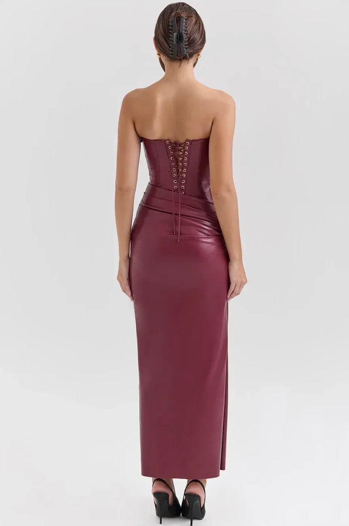 Women's Evening Maxi Dress with Strapless Neckline and Ruched Detail