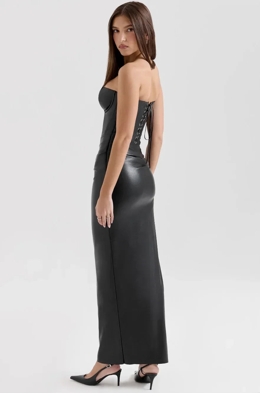 Women's Evening Maxi Dress with Strapless Neckline and Ruched Detail