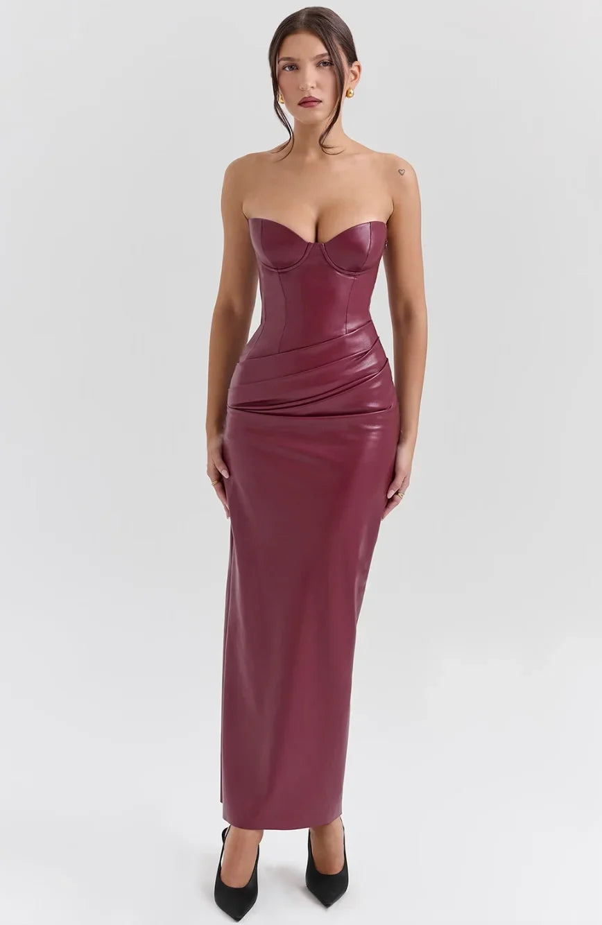 Women's Evening Maxi Dress with Strapless Neckline and Ruched Detail