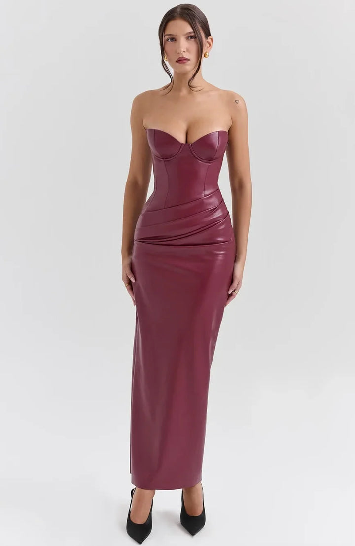 Women's Evening Maxi Dress with Strapless Neckline and Ruched Detail