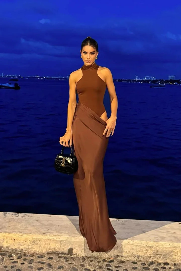 Women's Evening Maxi Dress with Halter Neck and Open Back
