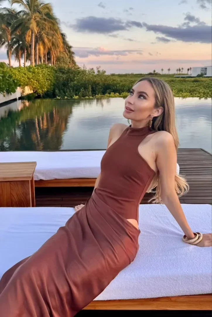 Women's Evening Maxi Dress with Halter Neck and Open Back