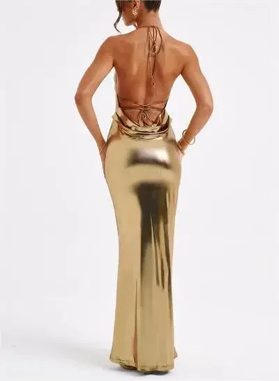 Women's Evening Maxi Dress with Strapless Neckline and Metallic Finish