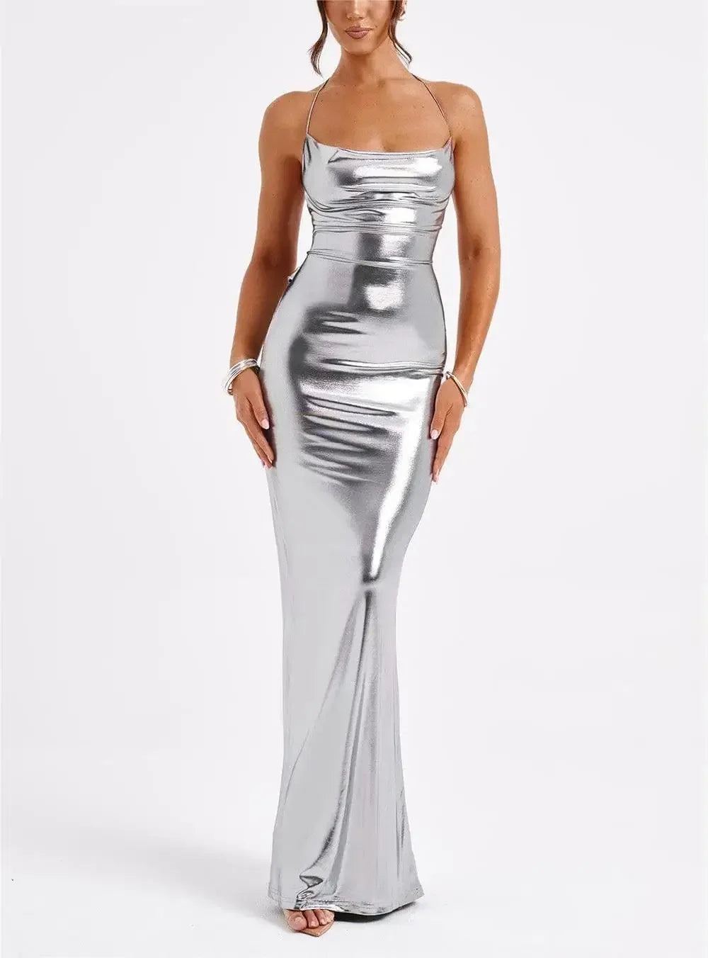 Women's Evening Maxi Dress with Strapless Neckline and Metallic Finish