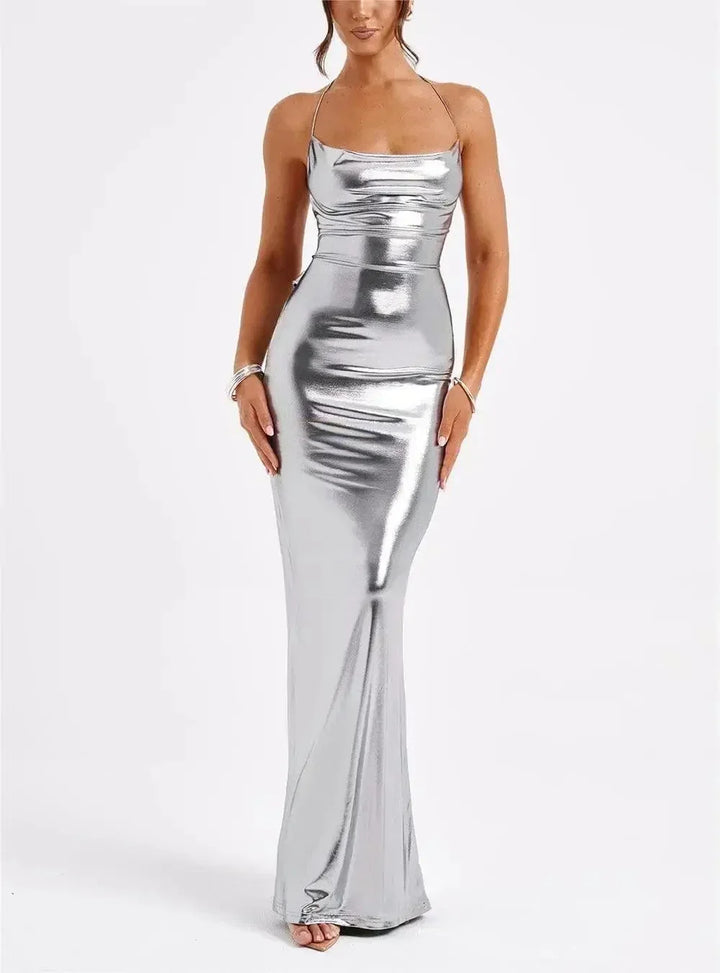 Women's Evening Maxi Dress with Strapless Neckline and Metallic Finish