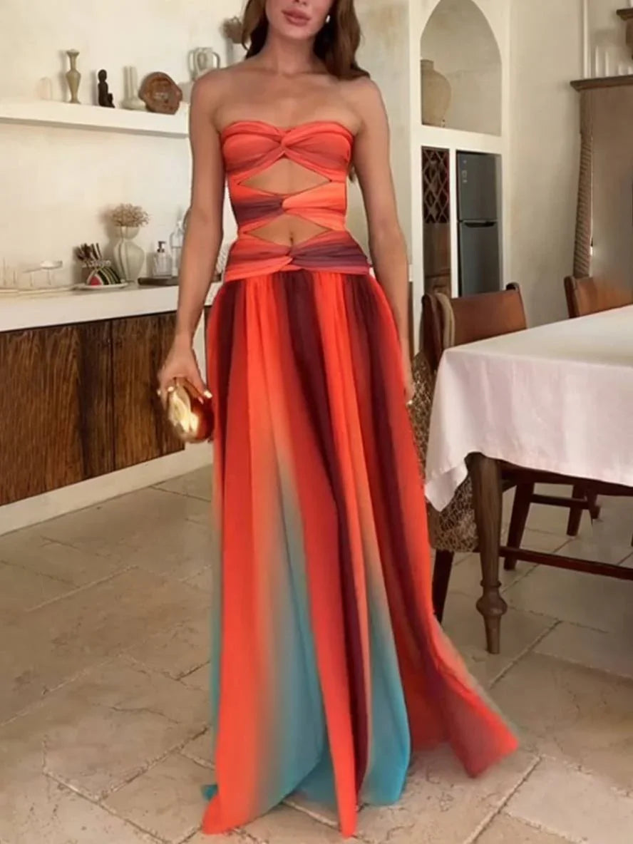 Women's Evening Maxi Dress with Strapless Bandeau and Cut Out Detail