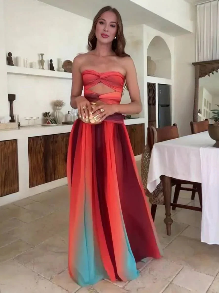 Women's Evening Maxi Dress with Strapless Bandeau and Cut Out Detail