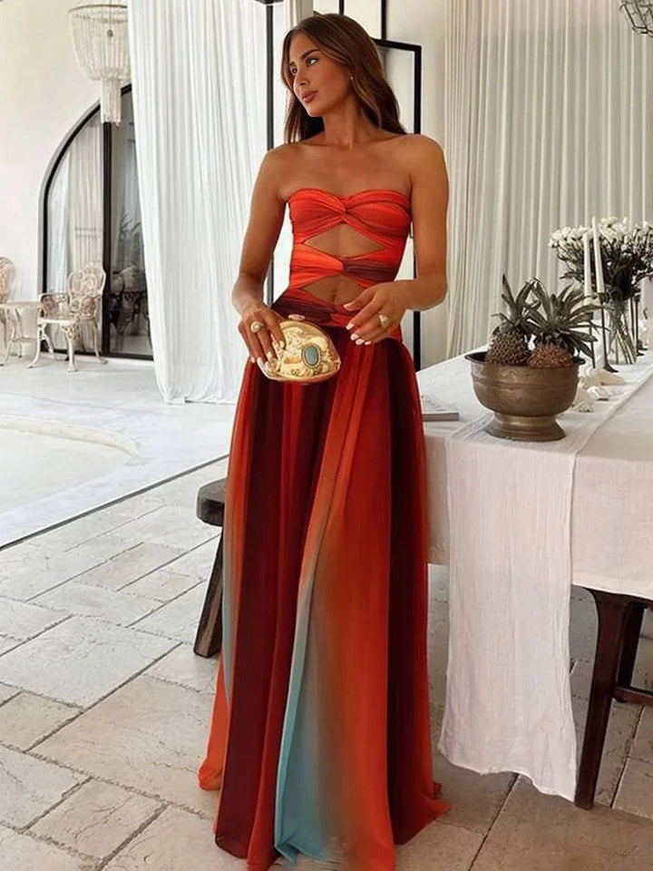 Women's Evening Maxi Dress with Strapless Bandeau and Cut Out Detail