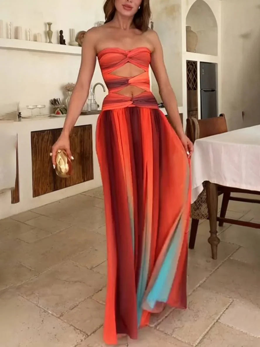 Women's Evening Maxi Dress with Strapless Bandeau and Cut Out Detail