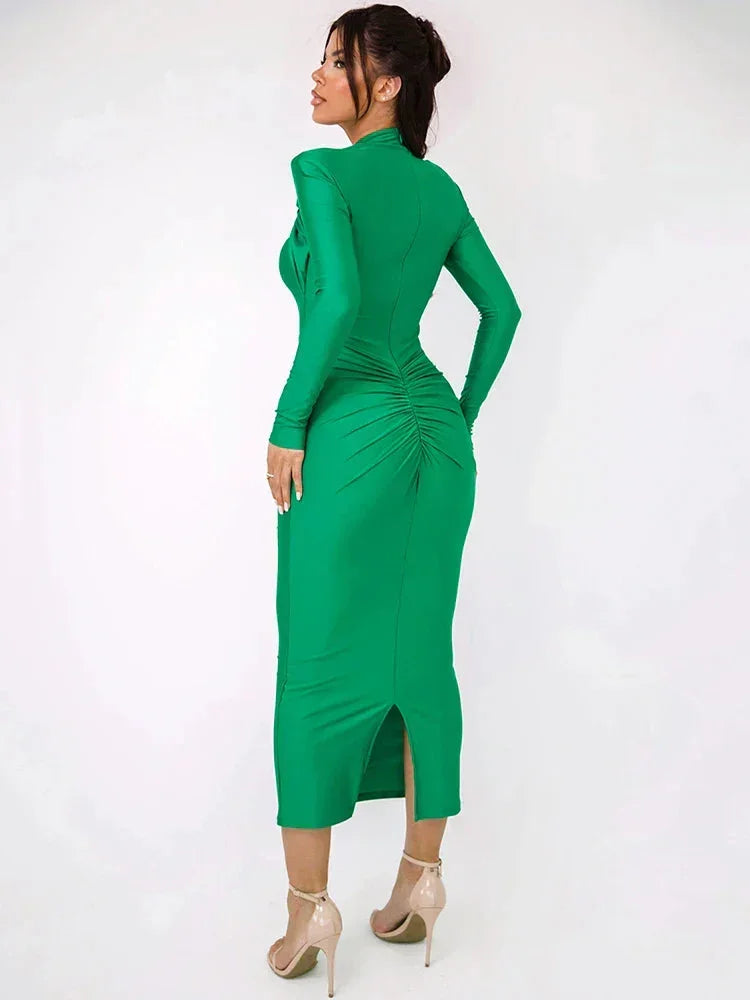 Women's Cut Out Maxi Dress with High Neck and Long Sleeves
