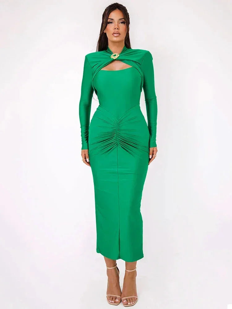 Women's Cut Out Maxi Dress with High Neck and Long Sleeves