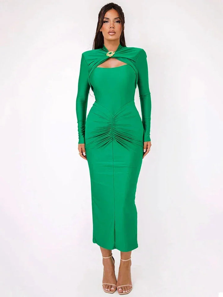 Women's Cut Out Maxi Dress with High Neck and Long Sleeves