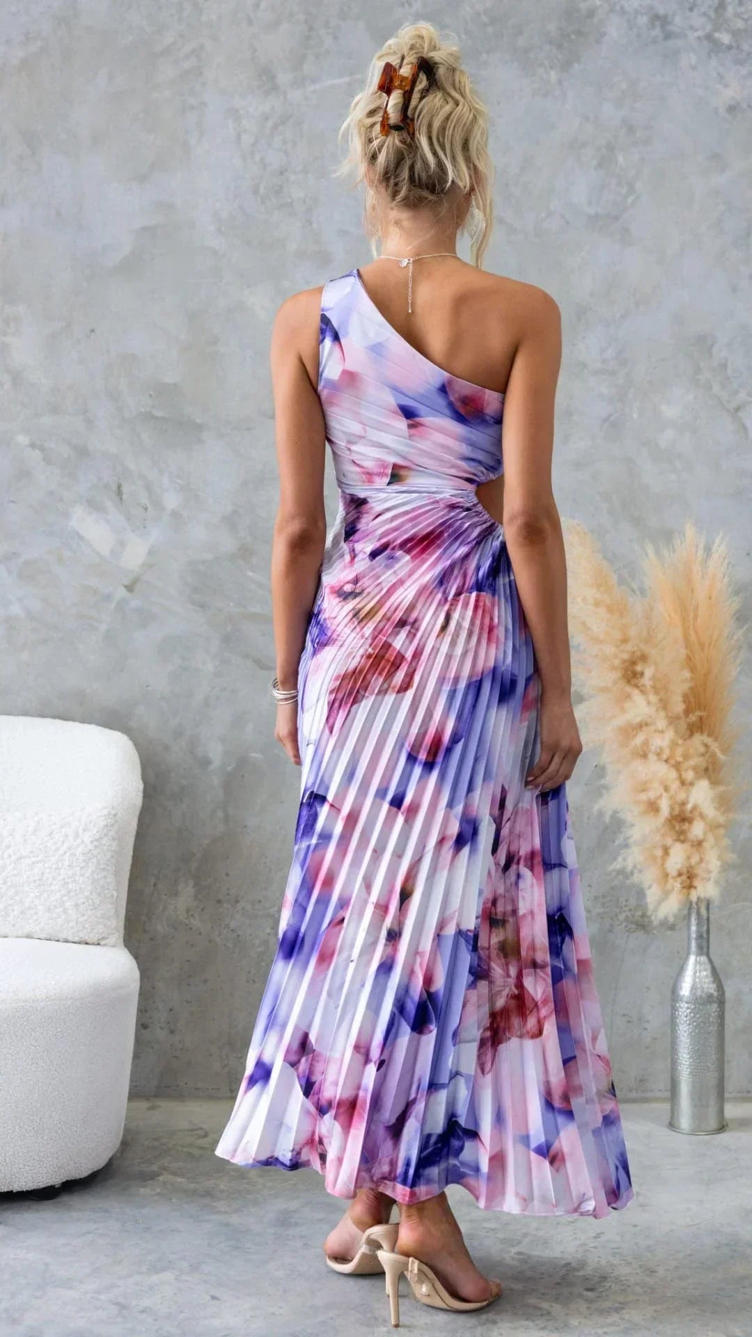Women's Floral Maxi Dress with One Shoulder Neckline and Pleated Skirt