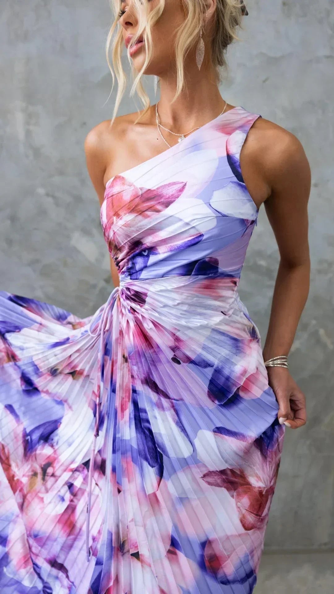 Women's Floral Maxi Dress with One Shoulder Neckline and Pleated Skirt
