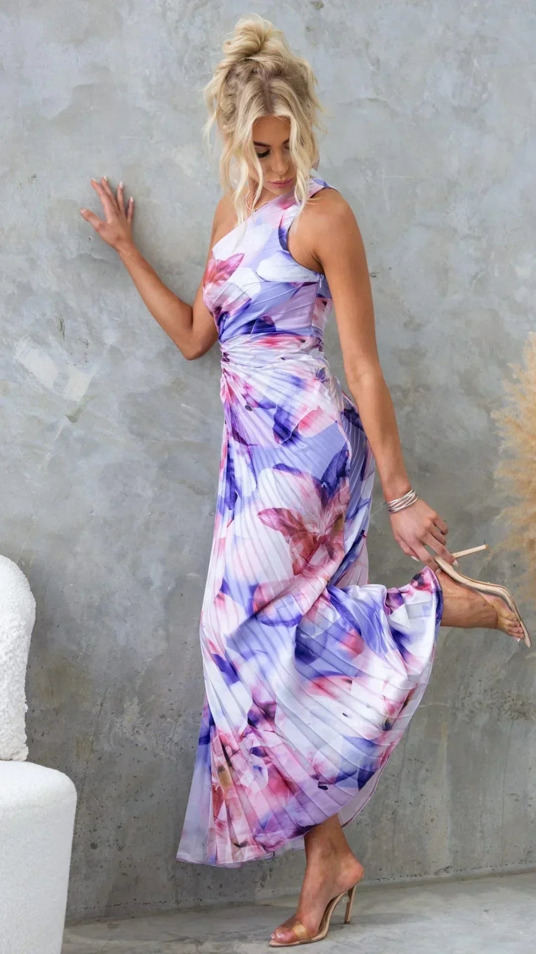 Women's Floral Maxi Dress with One Shoulder Neckline and Pleated Skirt