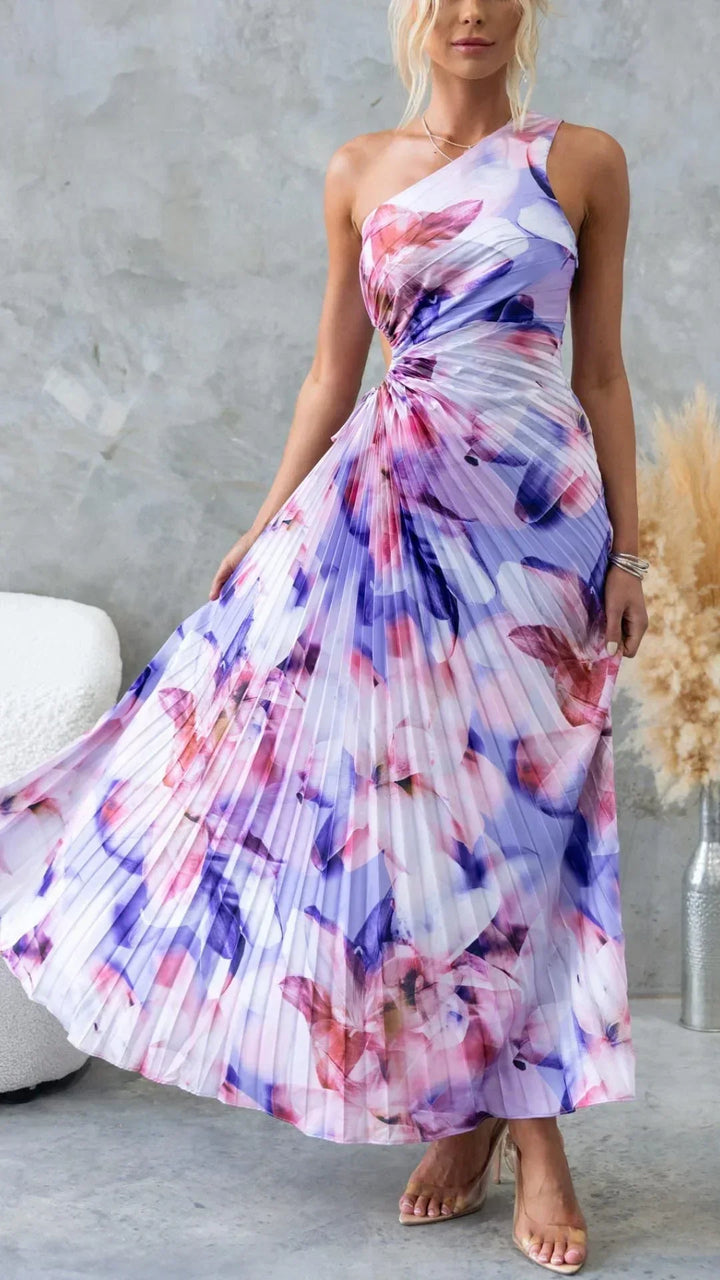 Women's Floral Maxi Dress with One Shoulder Neckline and Pleated Skirt