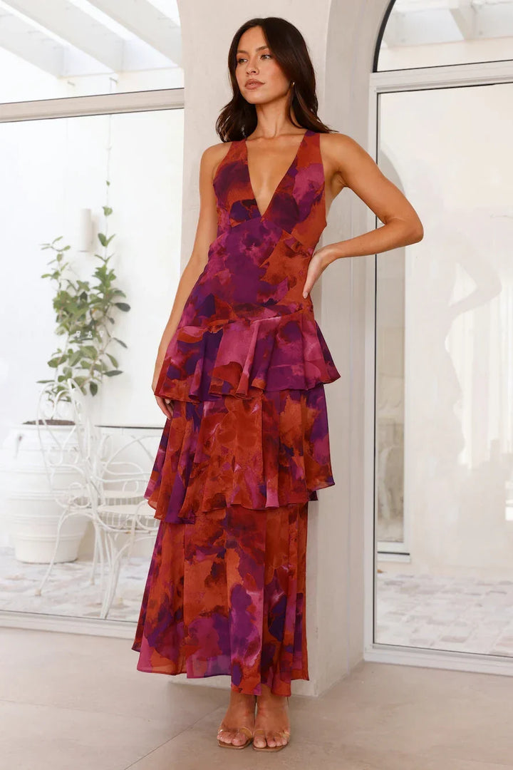 Women's Wedding Guest Midi Dress with Halter Neck and Tiered Ruffle Skirt