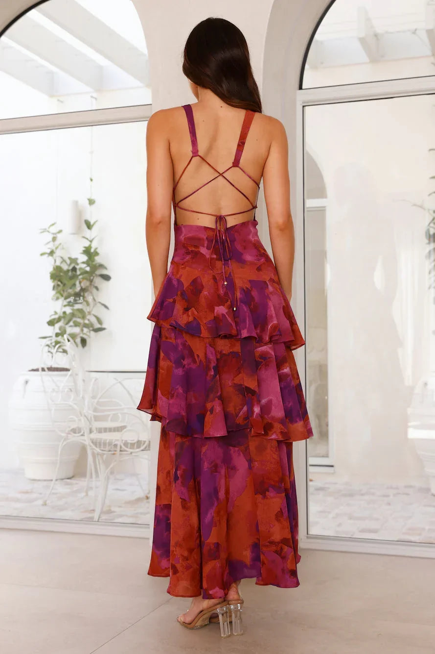 Women's Wedding Guest Midi Dress with Halter Neck and Tiered Ruffle Skirt