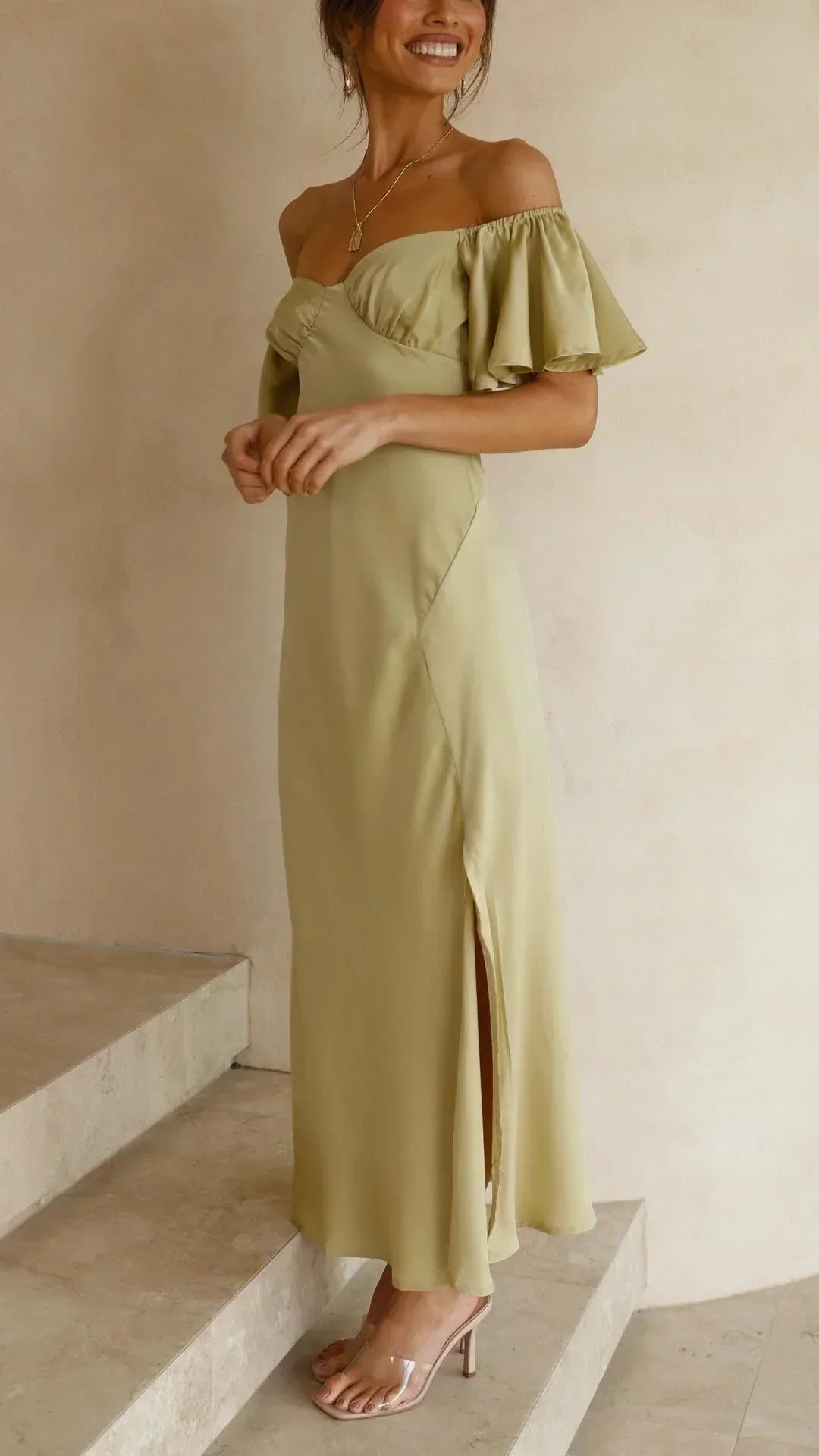 Women's Occasion Midi Dress with Bardot Neckline and Side Split