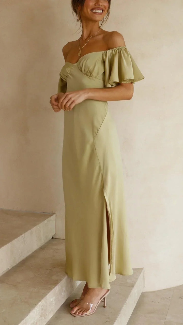 Women's Occasion Midi Dress with Bardot Neckline and Side Split