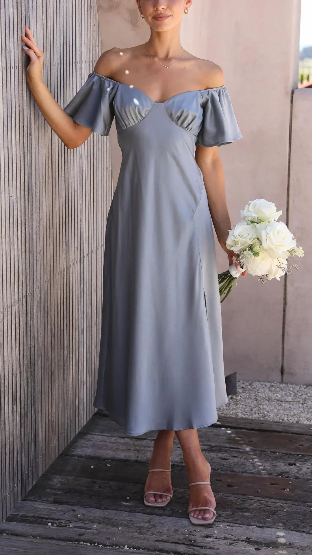 Women's Occasion Midi Dress with Bardot Neckline and Side Split