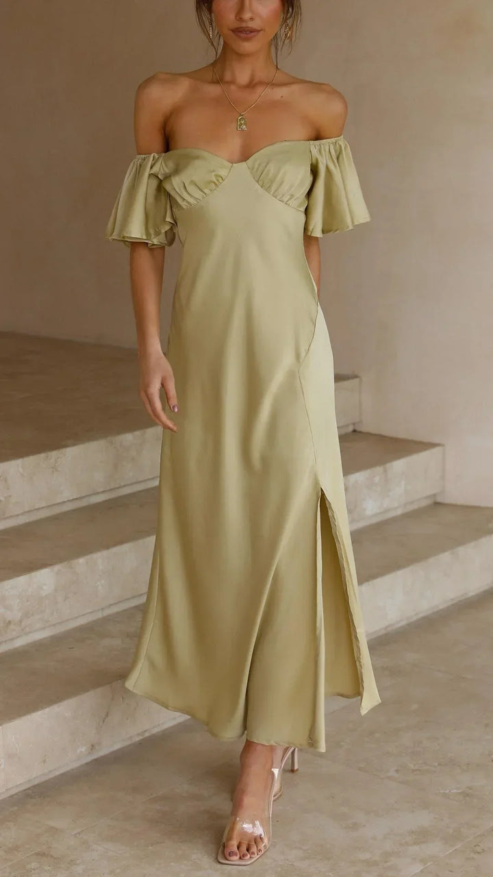 Women's Occasion Midi Dress with Bardot Neckline and Side Split