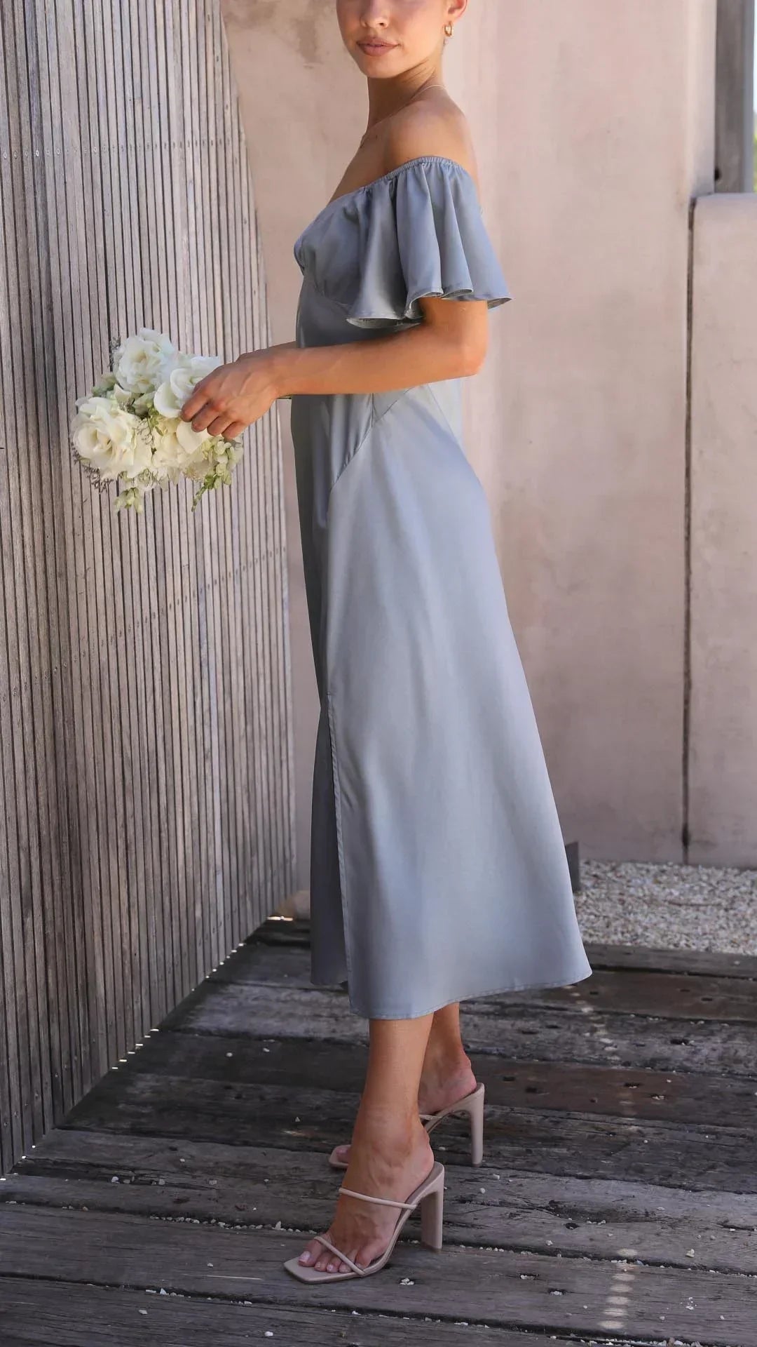 Women's Occasion Midi Dress with Bardot Neckline and Side Split