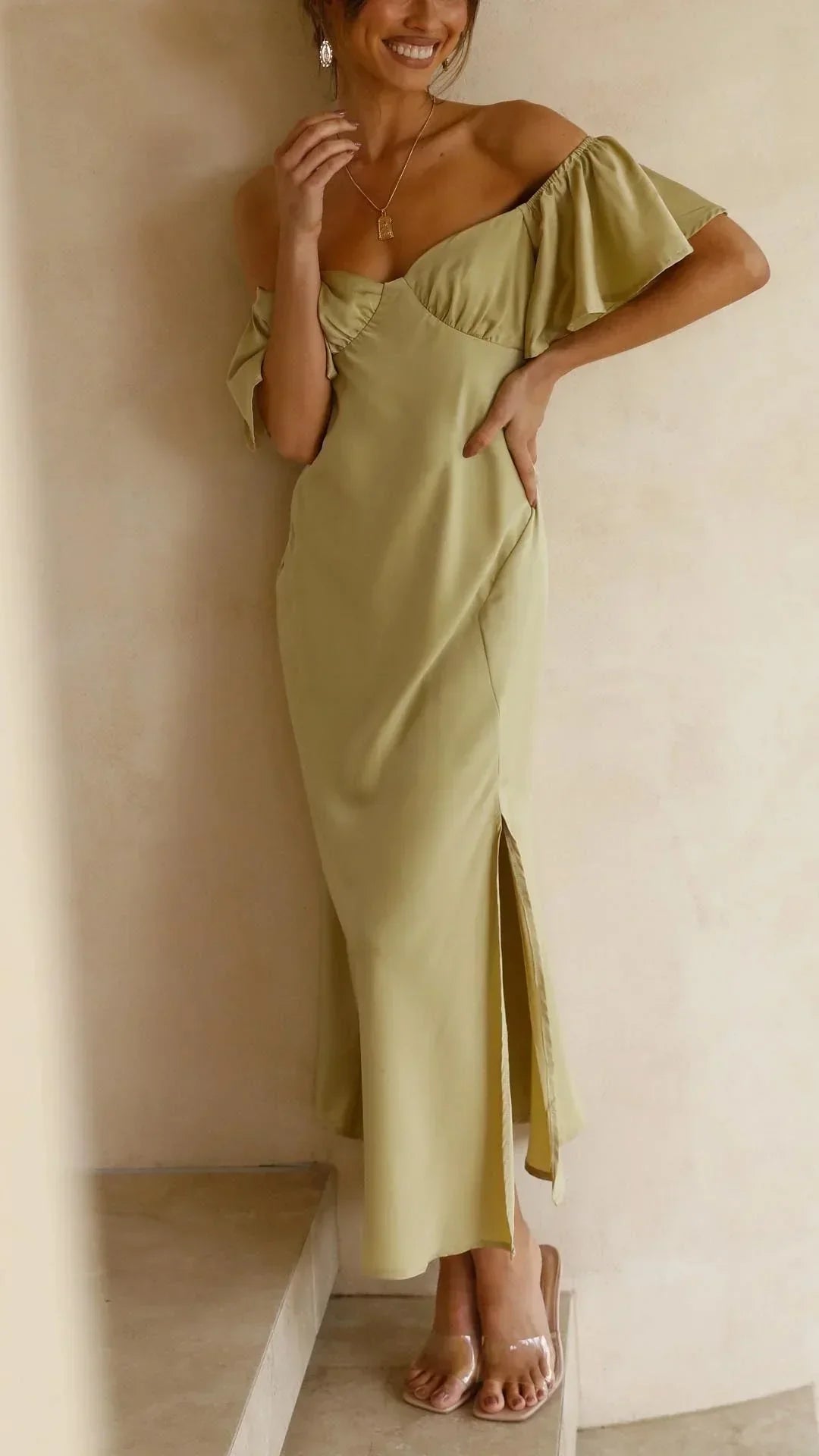 Women's Occasion Midi Dress with Bardot Neckline and Side Split