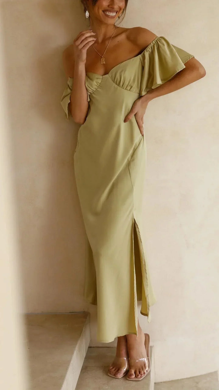 Women's Occasion Midi Dress with Bardot Neckline and Side Split