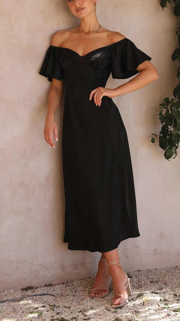 Women's Occasion Midi Dress with Bardot Neckline and Side Split