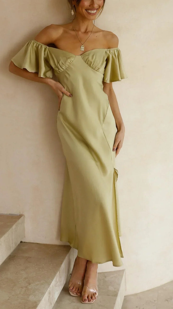 Women's Occasion Midi Dress with Bardot Neckline and Side Split
