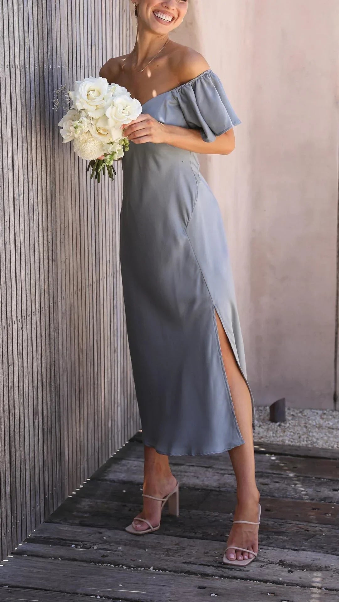 Women's Occasion Midi Dress with Bardot Neckline and Side Split