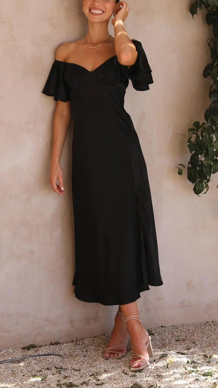 Women's Occasion Midi Dress with Bardot Neckline and Side Split