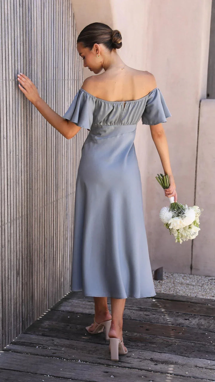 Women's Occasion Midi Dress with Bardot Neckline and Side Split