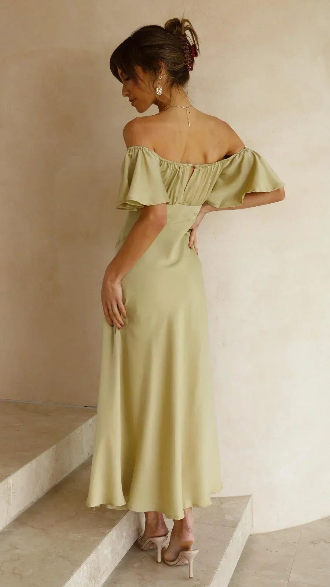 Women's Occasion Midi Dress with Bardot Neckline and Side Split
