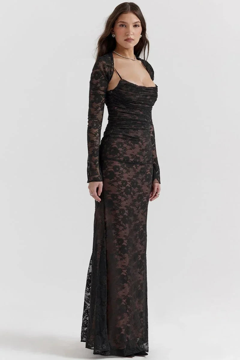 Women's Evening Maxi Dress with Lace Detail and Long Sleeves