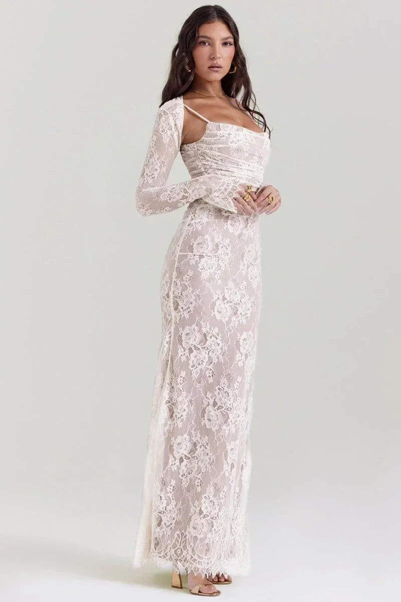 Women's Evening Maxi Dress with Lace Detail and Long Sleeves