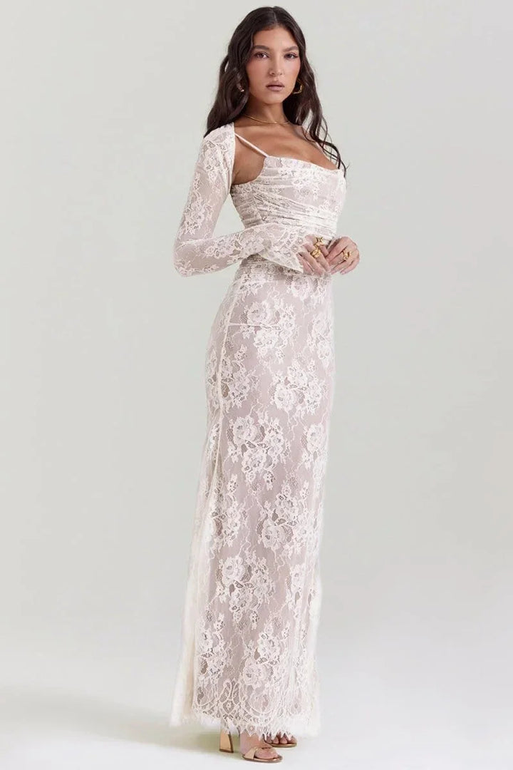 Women's Evening Maxi Dress with Lace Detail and Long Sleeves