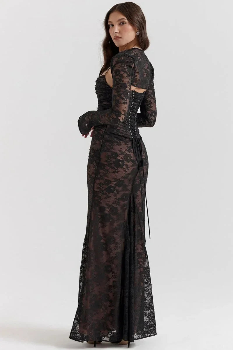 Women's Evening Maxi Dress with Lace Detail and Long Sleeves
