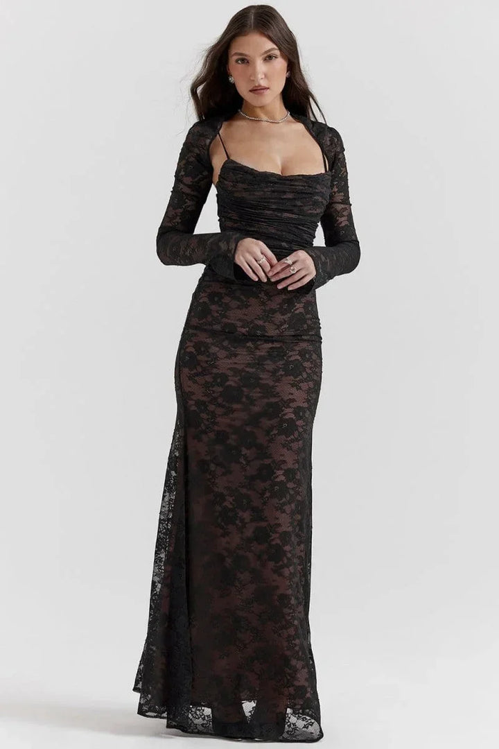 Women's Evening Maxi Dress with Lace Detail and Long Sleeves