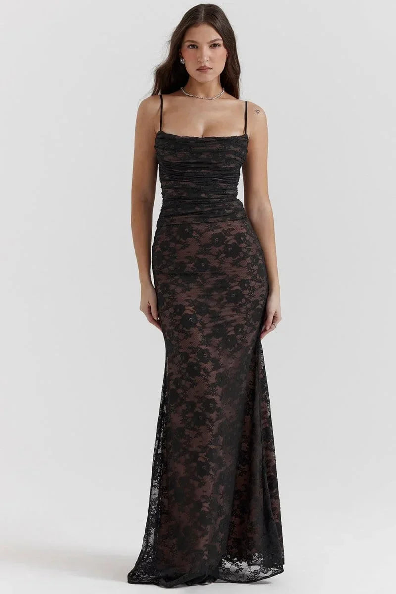 Women's Evening Maxi Dress with Lace Detail and Long Sleeves