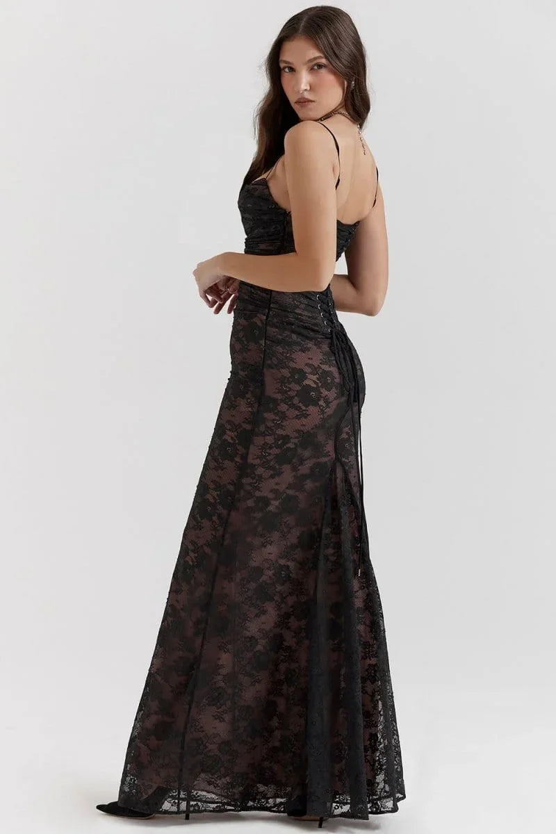 Women's Evening Maxi Dress with Lace Detail and Long Sleeves
