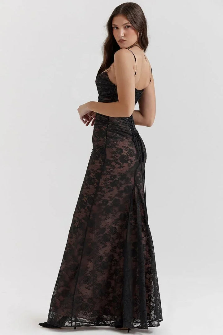 Women's Evening Maxi Dress with Lace Detail and Long Sleeves