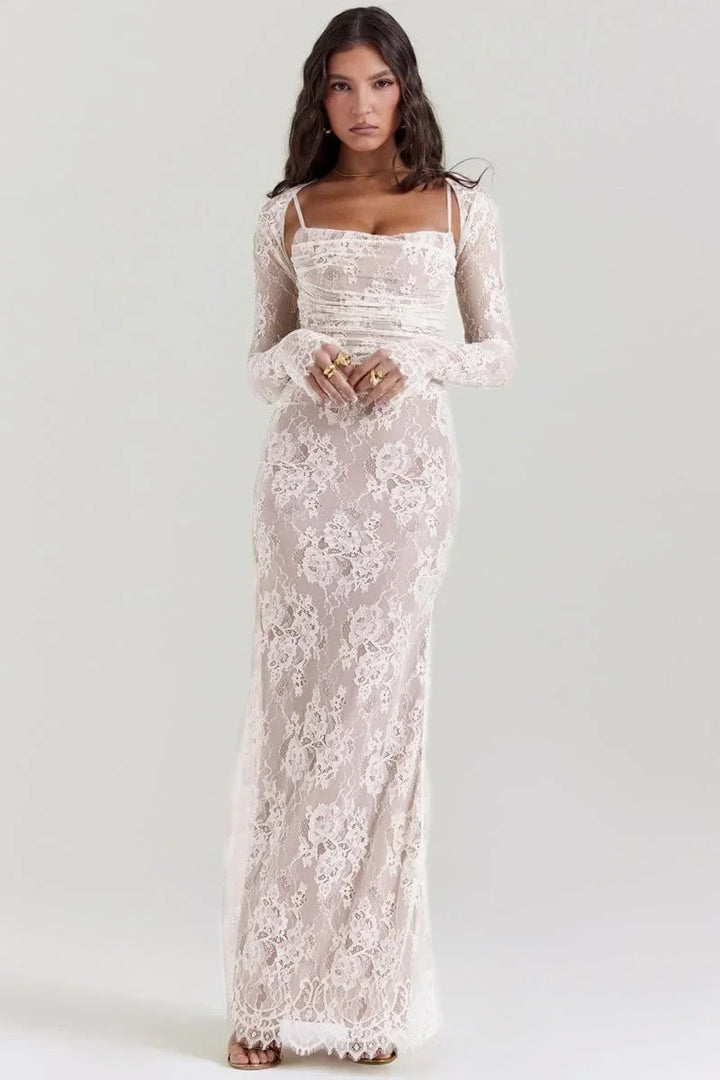 Women's Evening Maxi Dress with Lace Detail and Long Sleeves