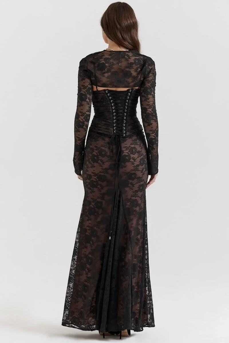 Women's Evening Maxi Dress with Lace Detail and Long Sleeves